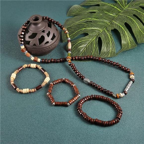 Wrap Bracelets Men Women, Hemp Cords Wood Beads Ethnic Tribal Bracelets, Leather - Picture 4 of 5